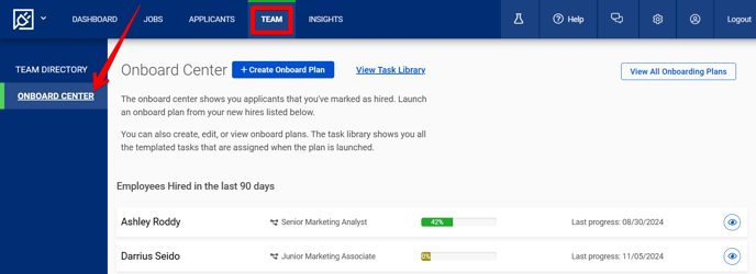 (1) Team Page (Onboard Center tab) (nav highlights)