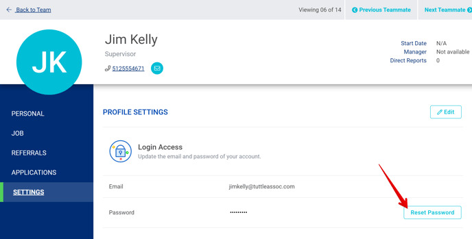 (17) Employee Profile - Settings Page (Reset Password Button)