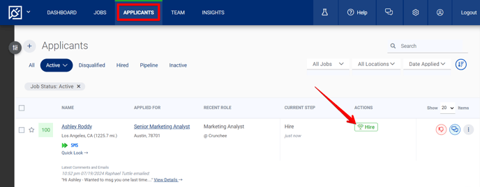 (27) Applicants Page (Hired Employee on Active tab) (8.30.24) (Hire arrow)