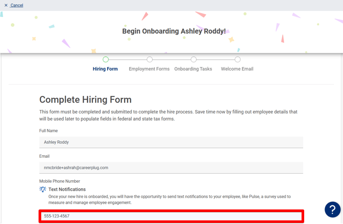 (31) Begin Onboarding Page (Hiring Form) (Top) (Phone highlight)