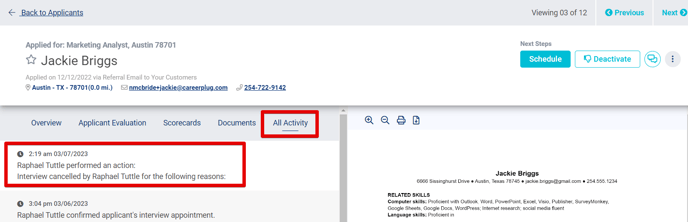 (33) Applicant Profile (Applicant Activity Tab) (Cancelled Interview)