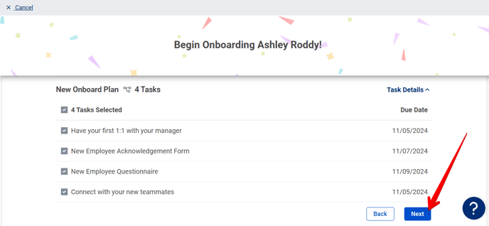 (36) Begin Onboarding Page (Onboarding Tasks) (Bottom) (Next arrow)