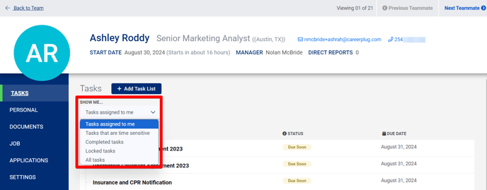 (40) Employee Profile - Tasks tab (Show Me Drop Down) (highlights)