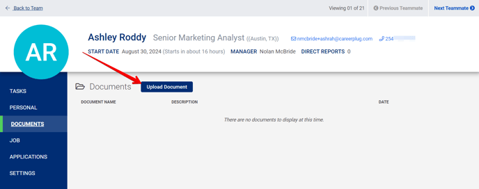 (45) Employee Profile - Documents tab (Upload Doc arrow)