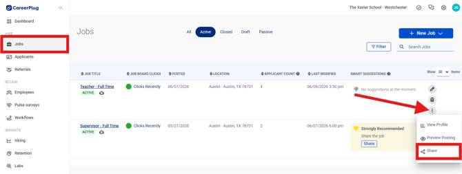Jobs Page, Active, Three Dots (Nav Bar Expanded) (Share+Job highlights)