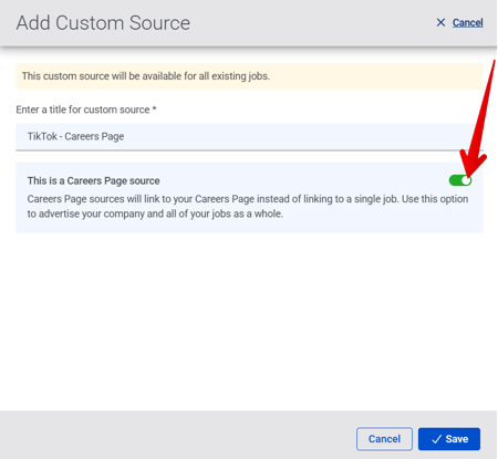 Add Custom Source drawer (4.29.26) (careers page source toggle on) (toggle arrow)