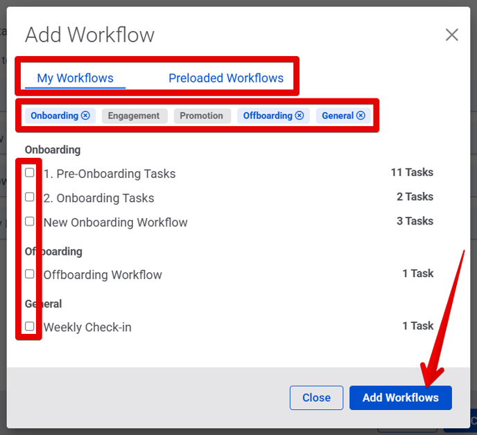 Add Workflow pop-up (Onboard Page) (My Workflows) (More Workflow Categories) (highlights)