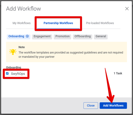 Add Workflow pop-up (Partnership Workflows) (SwyftOps) (highlights)