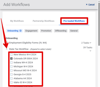 Add Workflows drawer (State Tax Form) (highlights)