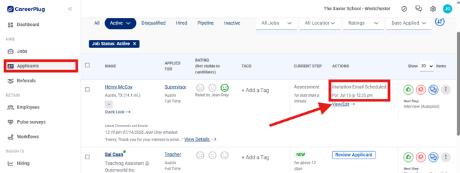 Applicant Page, Cropped (Nav bar expanded) (View Edit highlighted) (Scheduled Email)