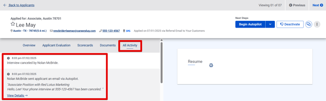 Applicant Profile (All Activity tab) (highlights)