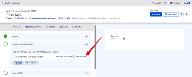 Applicant Profile (Overview tab) (Reschedule arrow)