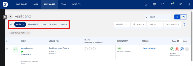 original applicant view with status options highlighted
