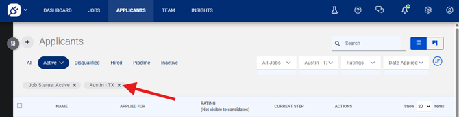 Original applicant page showing where to dismiss additional status filter