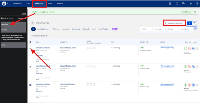 Applicant page showing how to search and bulk reject anonymous applicants