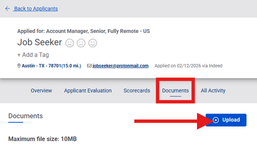 Applicant profile page showing how to upload additional documents