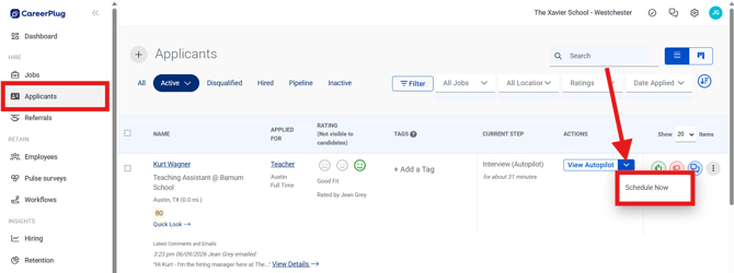 Applicants page (6.9.26) (NavEXP) (View Autopilot + Schedule Now drop-down) (highlights)