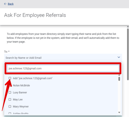 Ask For Employee Referrals drawer (Add email address) (12.2.25) (top) (highlights)