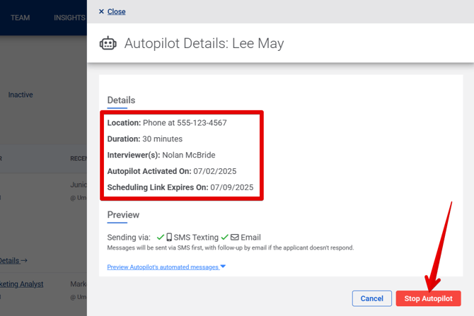 Autopilot Details drawer (Stop highlights)