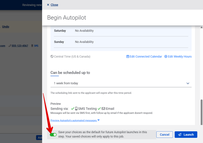 Begin Autopilot drawer (Bottom) (Weekly Hours) (AP Default toggle on) (AP Default arrow)