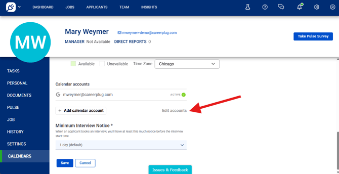 Calendars, edit accounts button