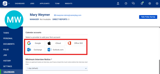 Calendars, my profile, select calendar provider