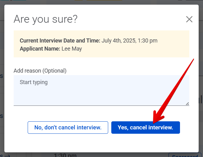 Cancel Interview pop-up (arrow)