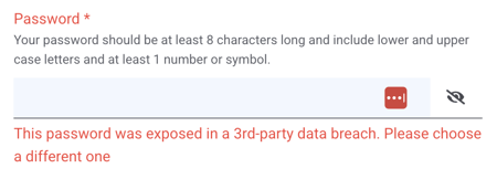 An image of the password set box with an error about the attempted password being exposed in a data breach