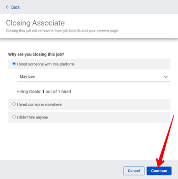 Closing Job Drawer - Close Reason (1st choice - 1 app selected) (Continue arrow) (cropped)