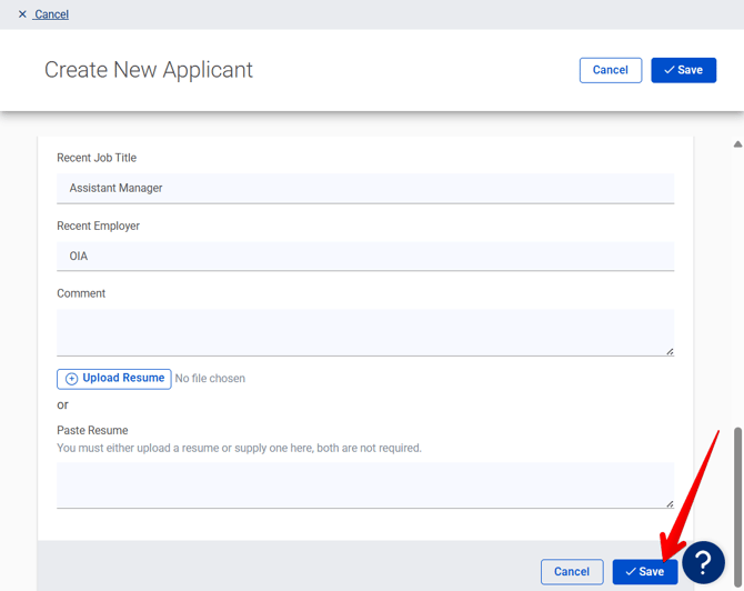 Create New Applicant Page (Bottom) (Save arrow)