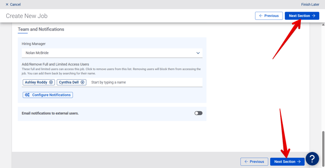 Create New Job - Hiring Settings (10.15.25) (Team and Notifications) (Next Section arrow) (42)