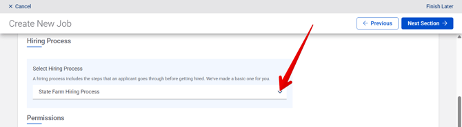 Create New Job - Hiring Settings (State Farm) (12.11.25) (Hiring Process+Permissions) (Select HP arrow)