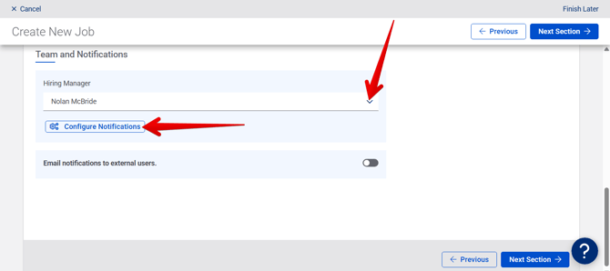 Create New Job - Hiring Settings (State Farm) (12.11.25) (Team and Notifications) (HManager+Notifications arrow)
