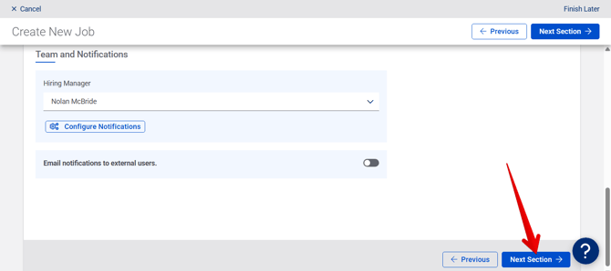 Create New Job - Hiring Settings (State Farm) (12.11.25) (Team and Notifications) (Next arrow)