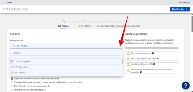 Create New Job - Job Posting (10.15.25) (Hiring Location drop-down) (arrow)