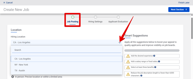 Create New Job - Job Posting (10.15.25) (No OB) (Hiring Location drop-down) (arrow+JP tab highlight)