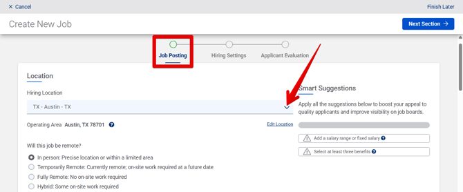Create New Job - Job Posting (State Farm) (12.11.25) (Location) (Hiring Location arrow+JP tab highlight)