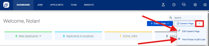 Dashboard, Edit Careers Page, QR code dropdown