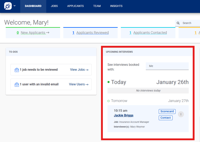 Dashboard screenshot showing interviews upcoming