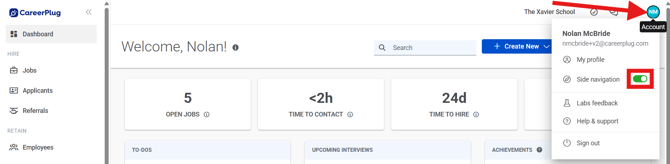 Dashboard (6.5.26) (NavEXP) (Account drop-down) (Side Nav toggle highlight)