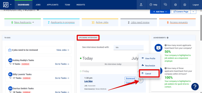 Dashboard (7.2.25) (Interview Scheduled) (three-dots menu) (Cancel highlights)