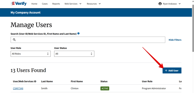E-Verify - Manage Users (Add User arrow)