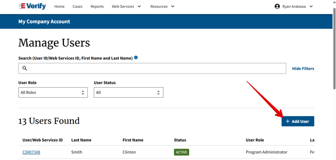 E-Verify - Manage Users (Add User arrow)