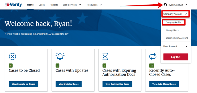 E-Verify Dashboard (Account drop-down) (highlights)