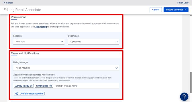 Editing [Job] (11.10.25) (Hiring Settings tab) (Permissions+Team and Not) (section highlights) (cropped)