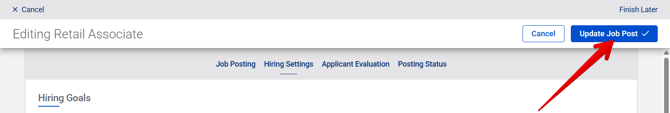 Editing [Job] (11.10.25) (Hiring Settings tab) (top) (Update Job Post arrow) (arrow only)