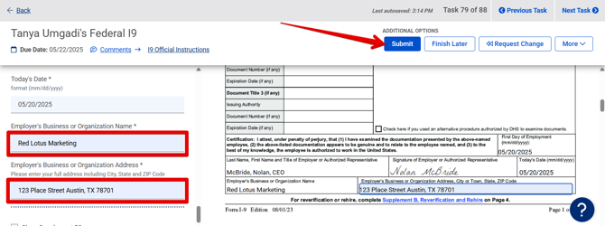 Employee Federal I-9 - Managers Side task (Req Fields - bottom) (highlights)