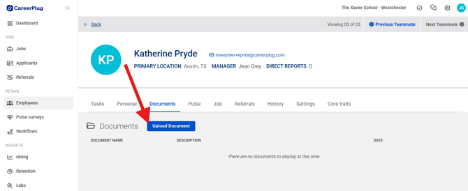 Employee Page, Another User, Document (Nav Bar Expanded) (Upload Doc arrow)