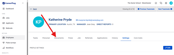 Employee Page, Another User, Settings (Nav Bar Expanded) (Documents arrow fixed)