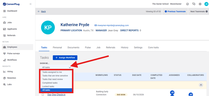 Employee Page, Another User, Tasks, Show Me (Nav Bar Expanded) (Show Me highlights) (cropped+fixed)